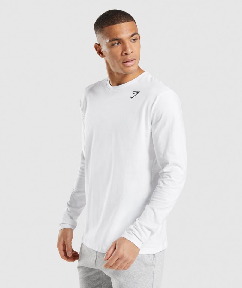 Men's Gymshark Crest Long Sleeve T-Shirts White | NZ 7ZBOPT